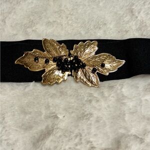 Vintage 80’s Gold & Black Glam Metal Leaf Beaded Stretch Fabric Belt Unique